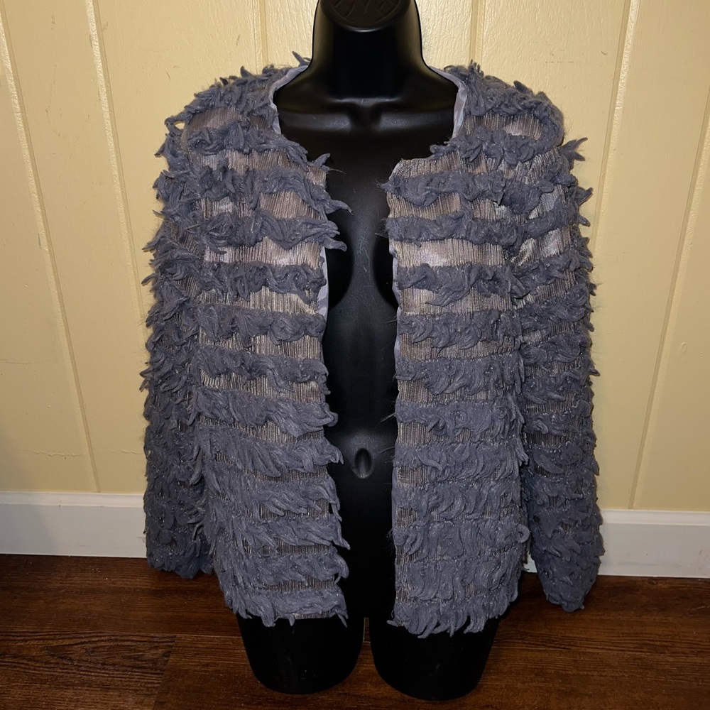 Gray Shaggy Boho Cozy Chic Long Sleeve Lined Open Front Sweater Jacket Size L - Picture 2 of 11